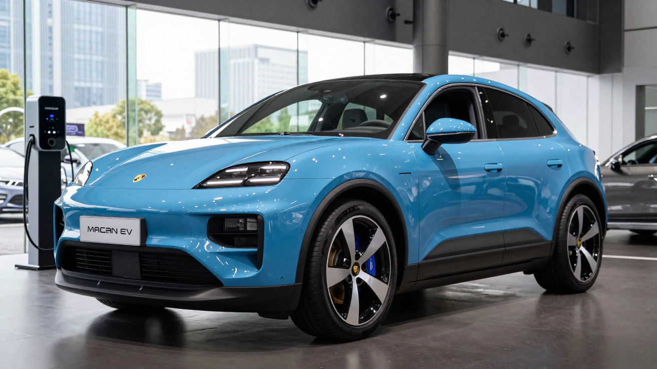 Blue Porsche Macan EV electric SUV displayed indoors near a charging station in a modern showroom.
