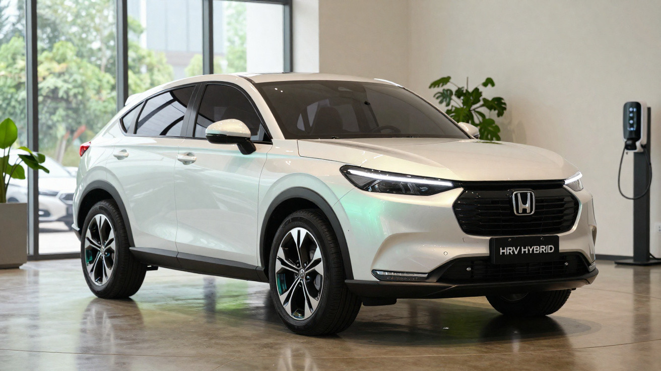 White Honda HR-V Hybrid SUV displayed indoors near a charging station and large windows.