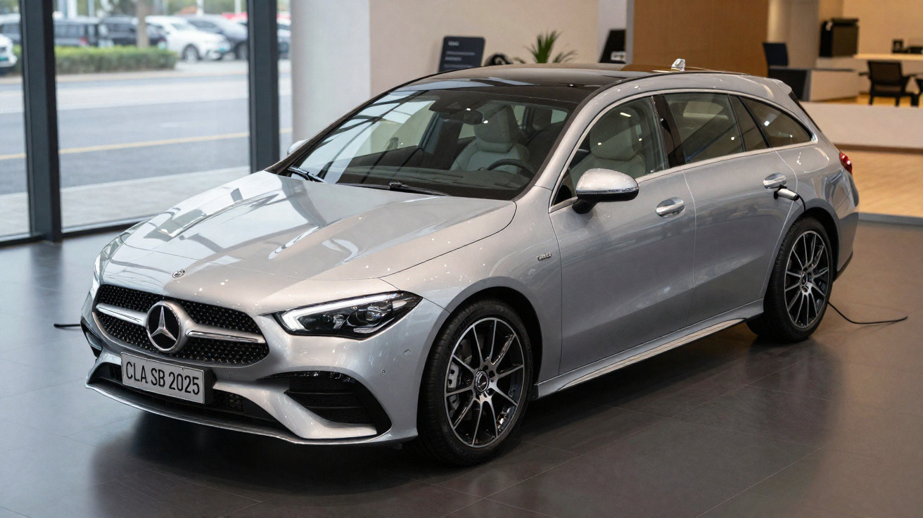 Silver Mercedes-Benz CLA Estate car plugged into a charging station inside a showroom.