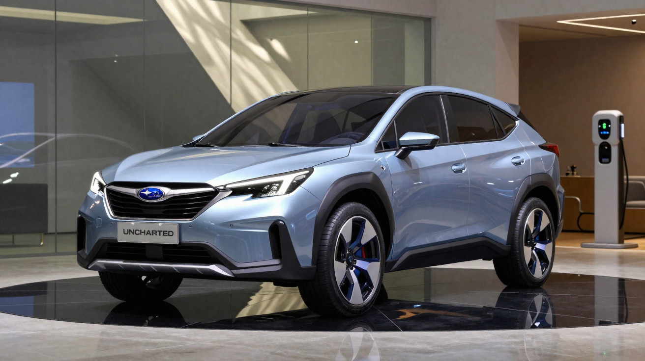 Silver Subaru Uncharted SUV displayed indoors near an electric vehicle charging station.