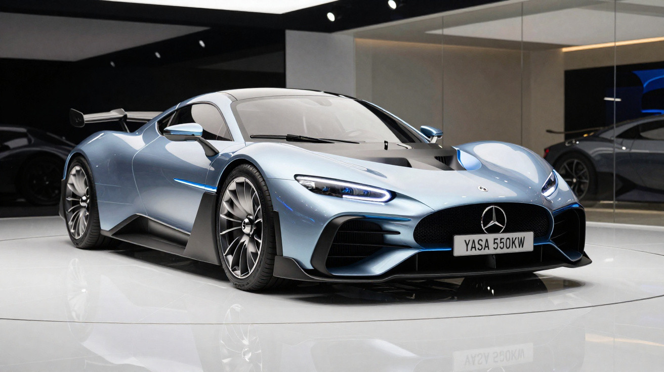 Metallic blue Mercedes-Benz sports car with sleek aerodynamic design in a showroom with reflective flooring.