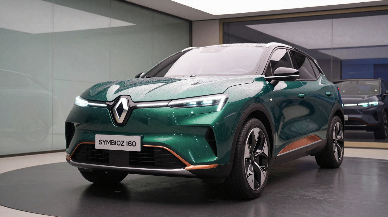 Green Renault Symbioz I60 electric concept car displayed indoors on a circular platform.