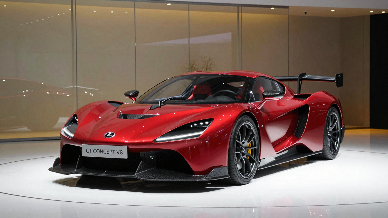 Red Lexus GT Concept V8 sports car displayed on white platform indoors with a glass wall background