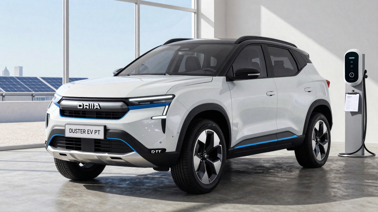 White Dacia Duster EV electric SUV charging indoors beside a modern charging station.