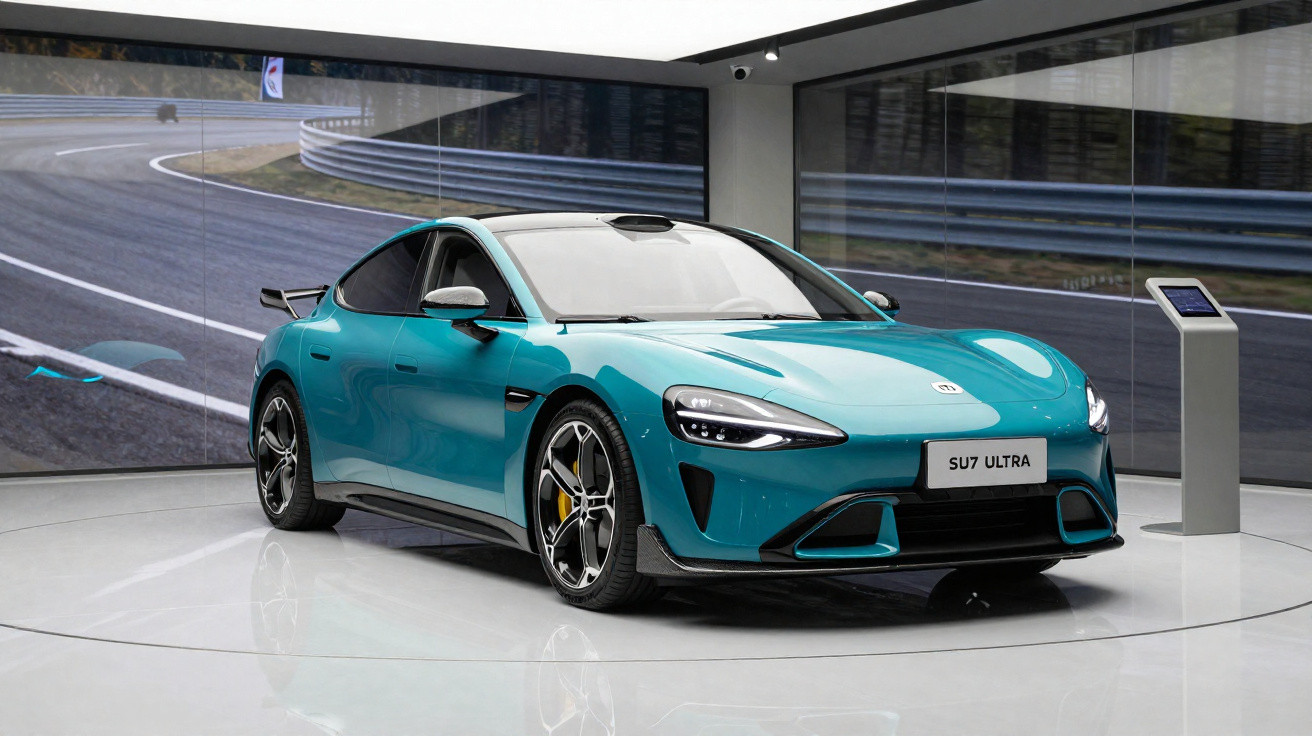 Teal electric sports sedan displayed indoors with racing track backdrop and information stand.