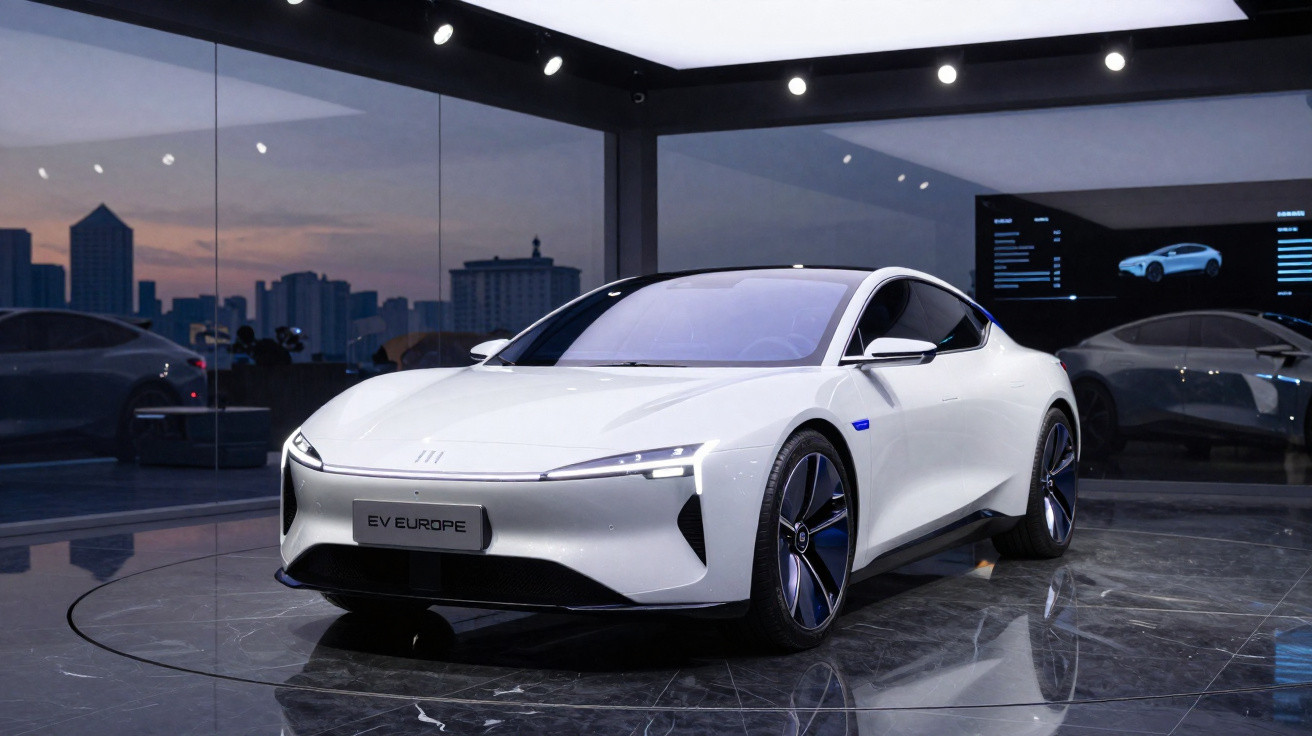 White electric sports car displayed in a modern showroom with city skyline reflection on glass walls.
