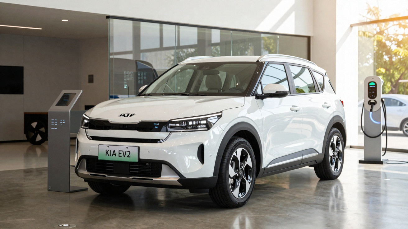 White Kia EV2 electric SUV plugged into a charger in a modern, well-lit showroom.