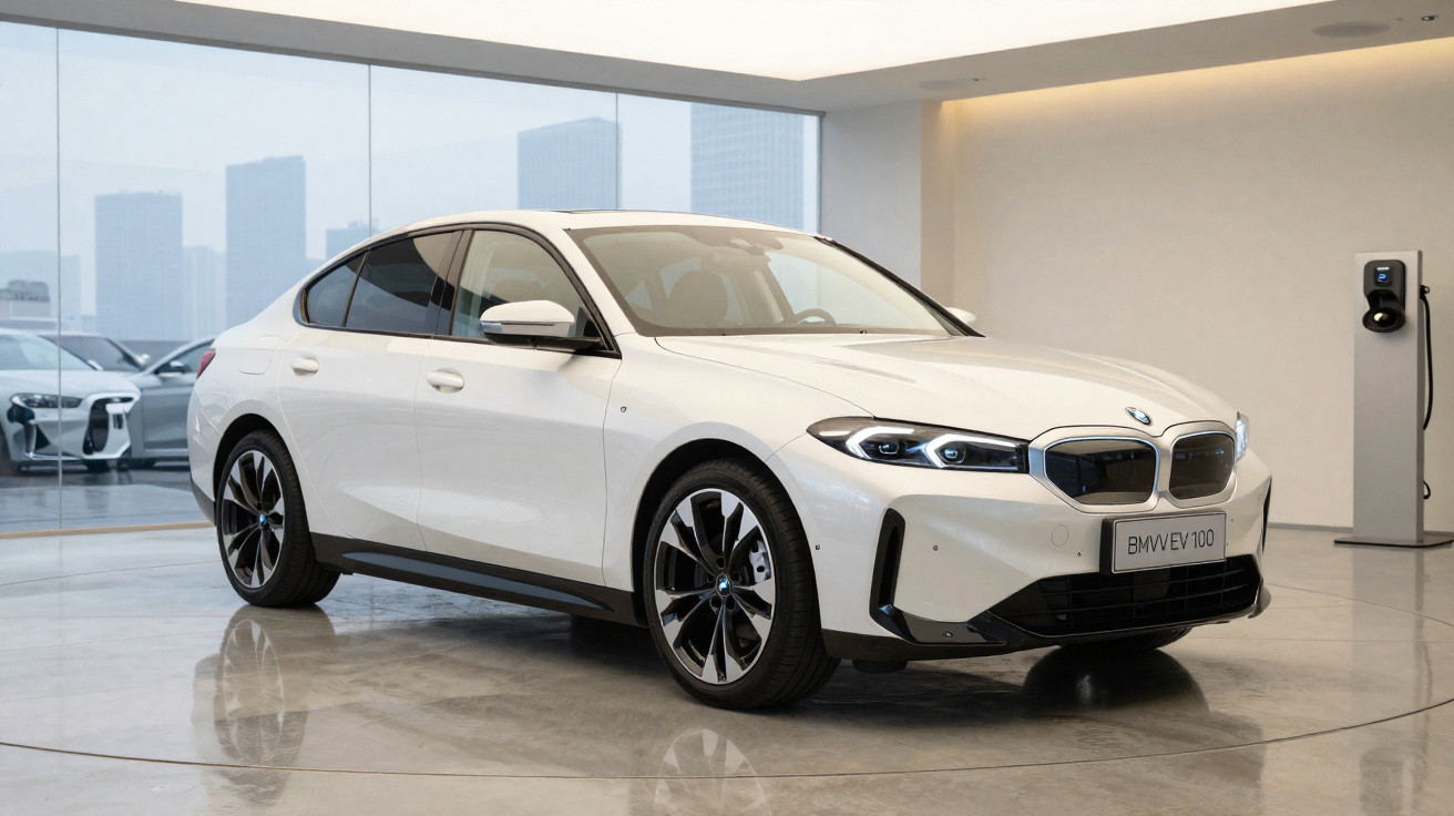 White BMW iX electric sedan displayed indoors with charging station and city skyline through glass windows.