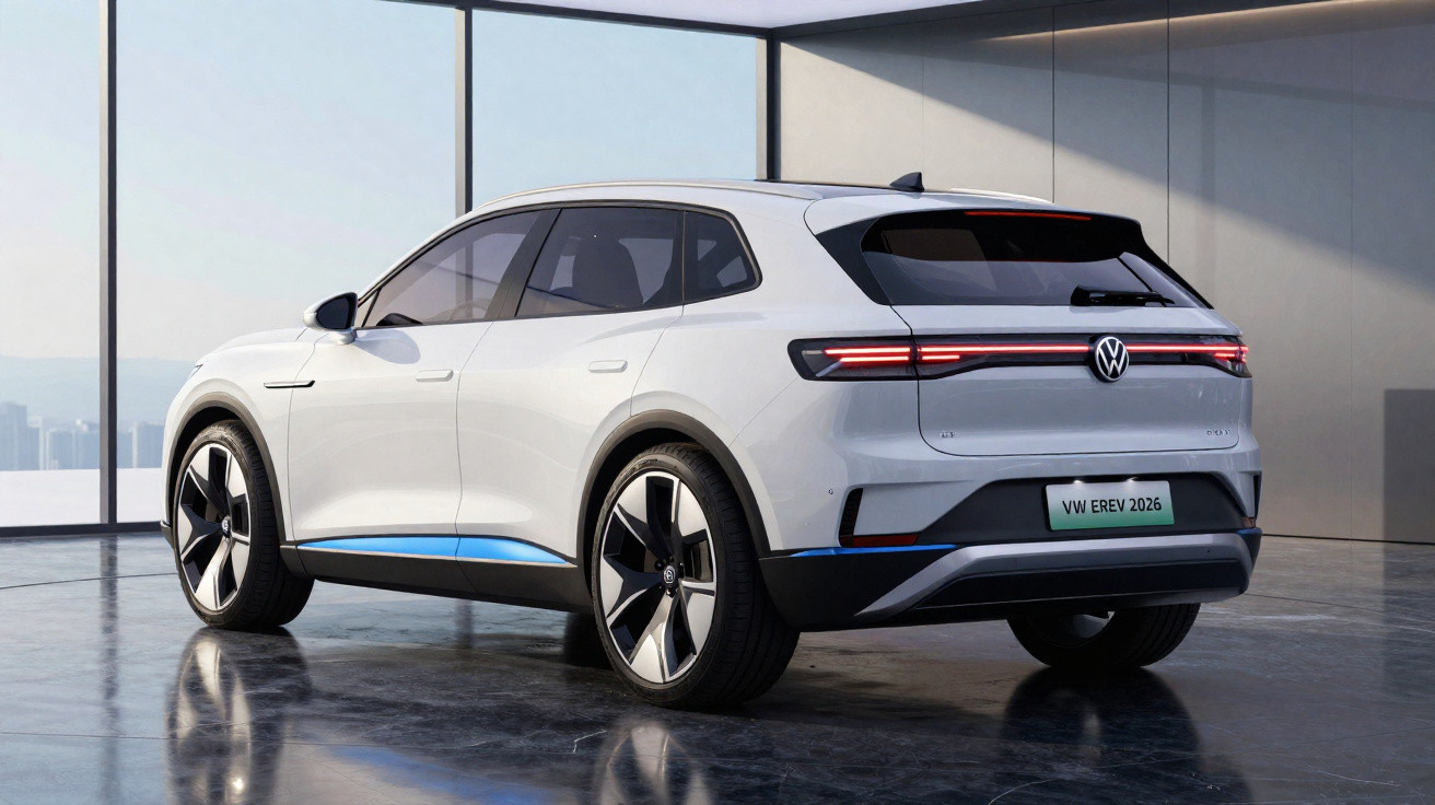 White Volkswagen electric SUV concept car parked in modern glass-walled showroom with glossy floor reflection.