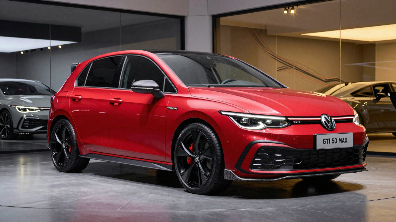 Red Volkswagen GTI 50 Max hatchback car parked indoors with black alloy wheels and sporty design details.