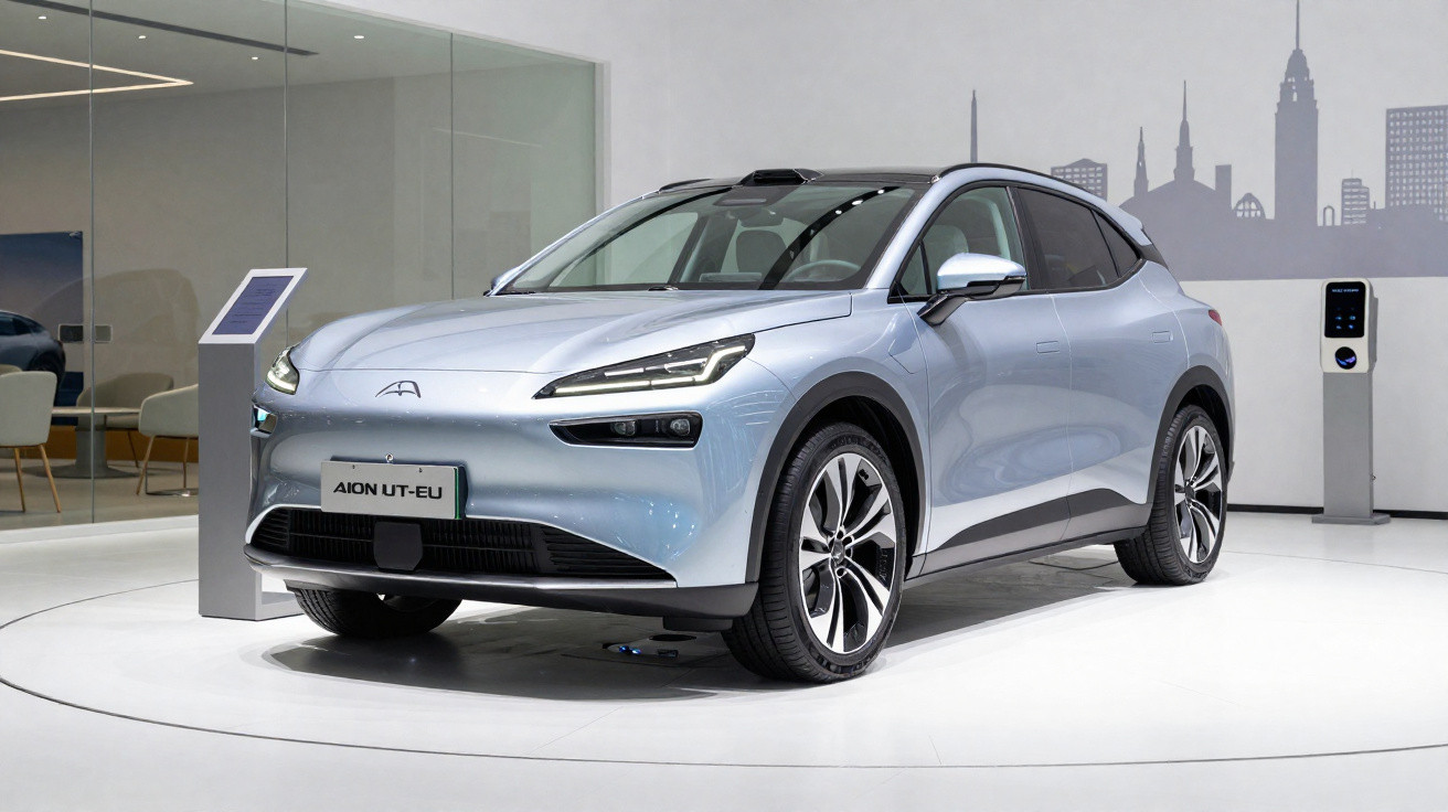 Silver Aion UT-EU electric SUV on display in a modern showroom with glass walls and cityscape mural.