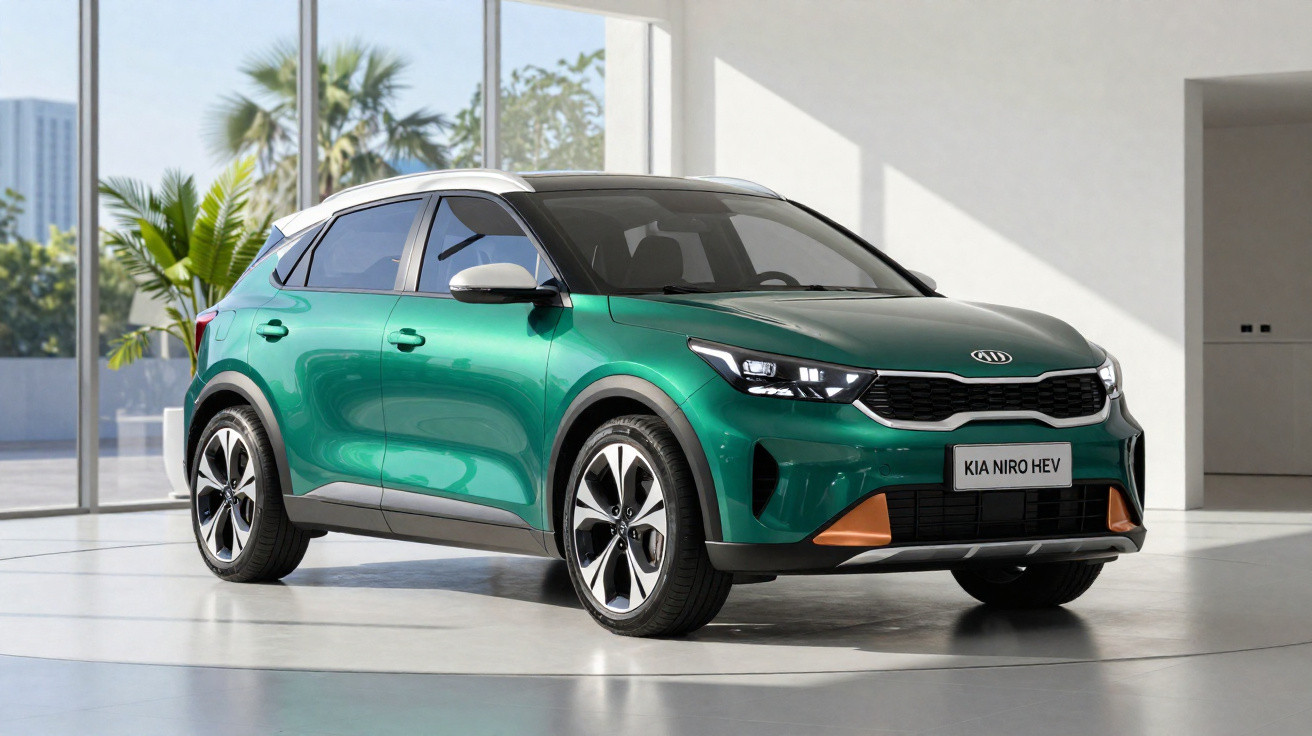 Green Kia Niro HEV compact SUV parked indoors with large windows and plants in the background