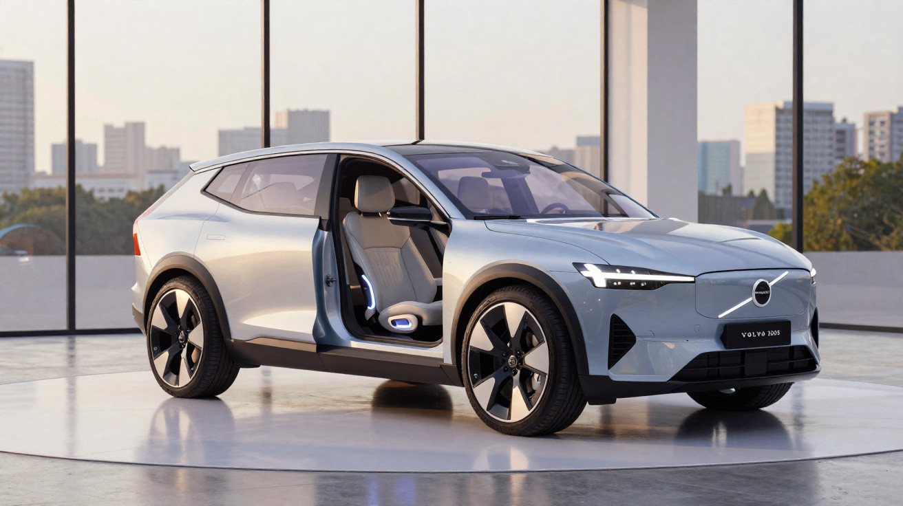 Silver Volvo electric SUV with front passenger door open in a modern showroom with cityscape background.