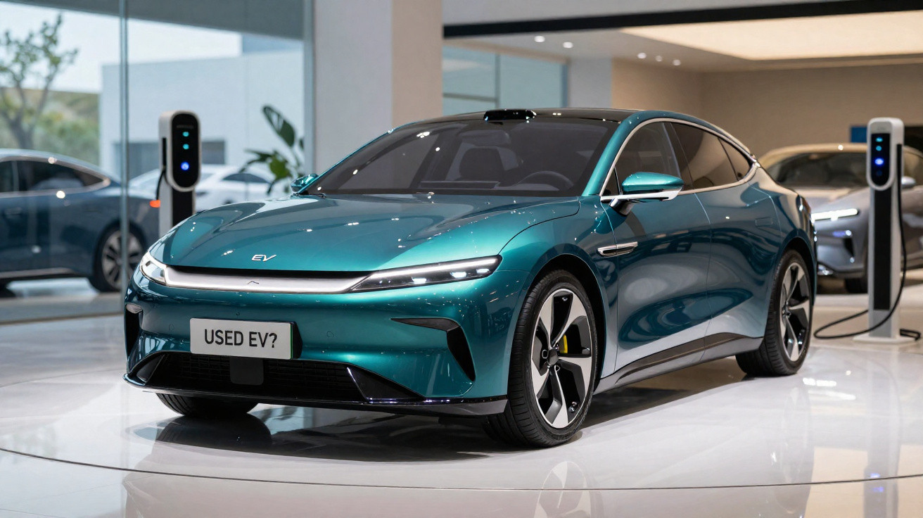 Sleek green electric vehicle on display in showroom with charging stations in the background.