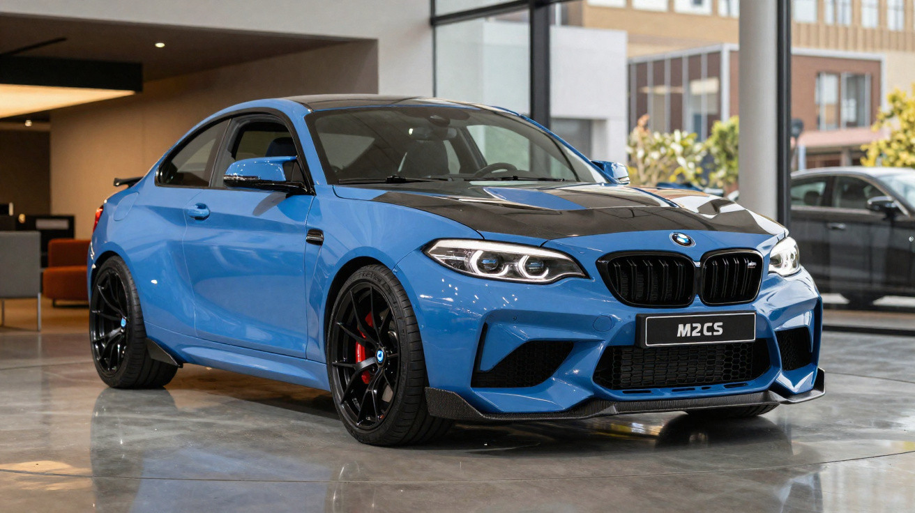 Blue BMW M2 CS sports car with black accents displayed indoors on polished floor.