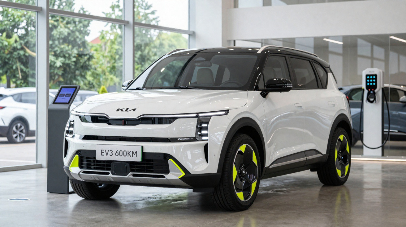 White Kia EV3 electric SUV with yellow accents on wheels inside a showroom by a charging station