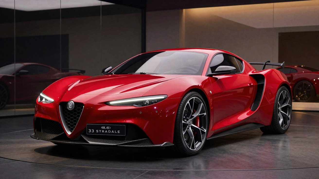 Red Alfa Romeo 33 Stradale sports car parked indoors with sleek design and alloy wheels.