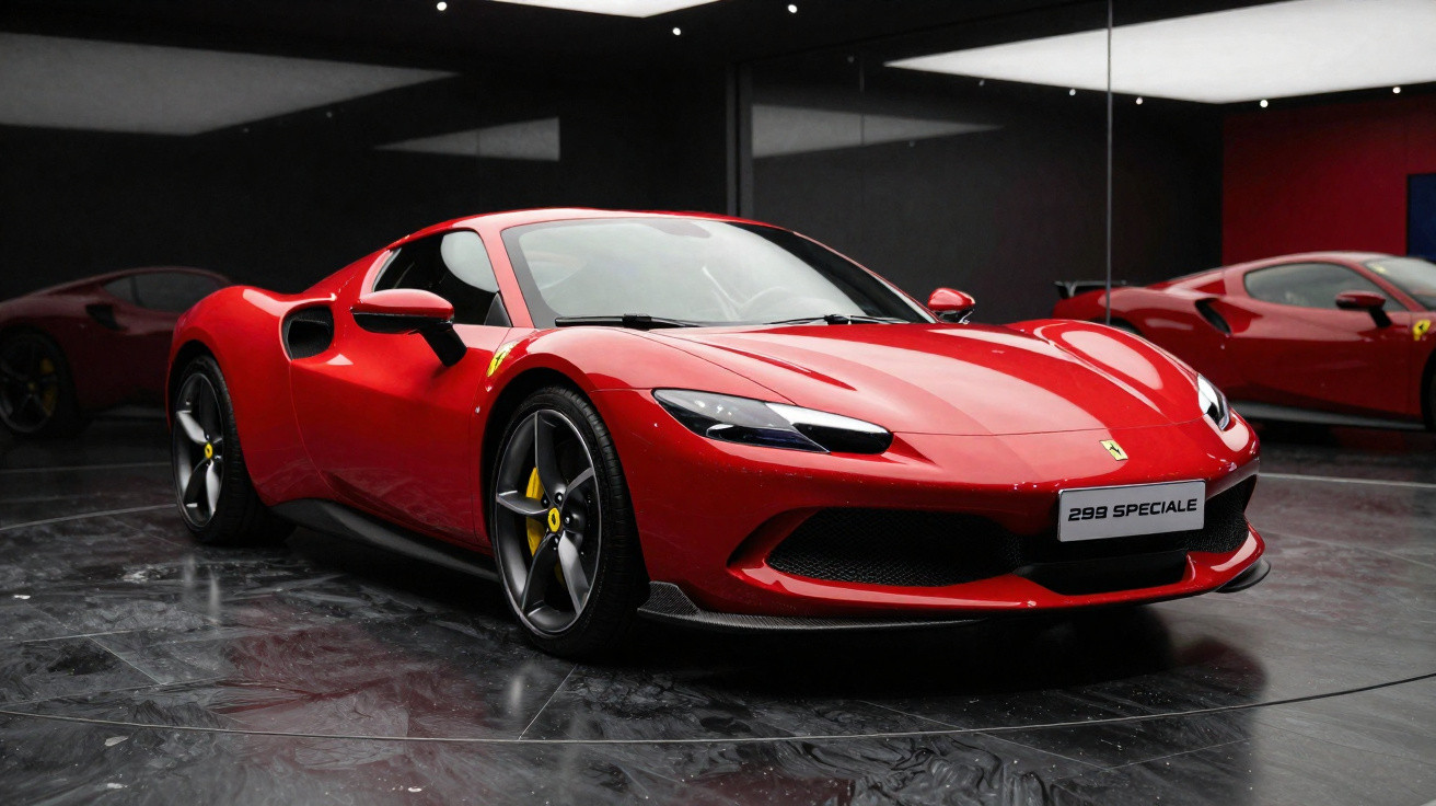 Red Ferrari 299 Speciale sports car displayed on a reflective showroom floor with mirrored walls.