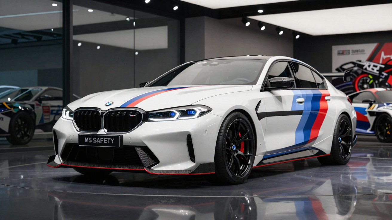 White BMW M5 with blue and red racing stripes, black wheels, and blue headlights in a showroom.