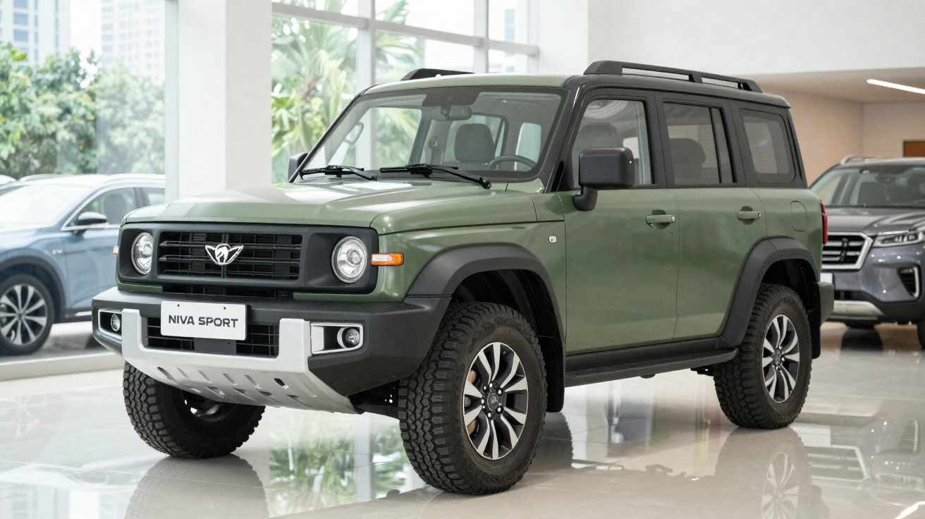 Green Lada Niva Sport 4x4 SUV displayed indoors with black trim and off-road tyres.