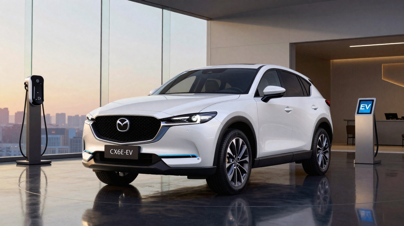 White Mazda CX-6 electric vehicle parked indoors near EV charging stations with cityscape visible through glass walls.