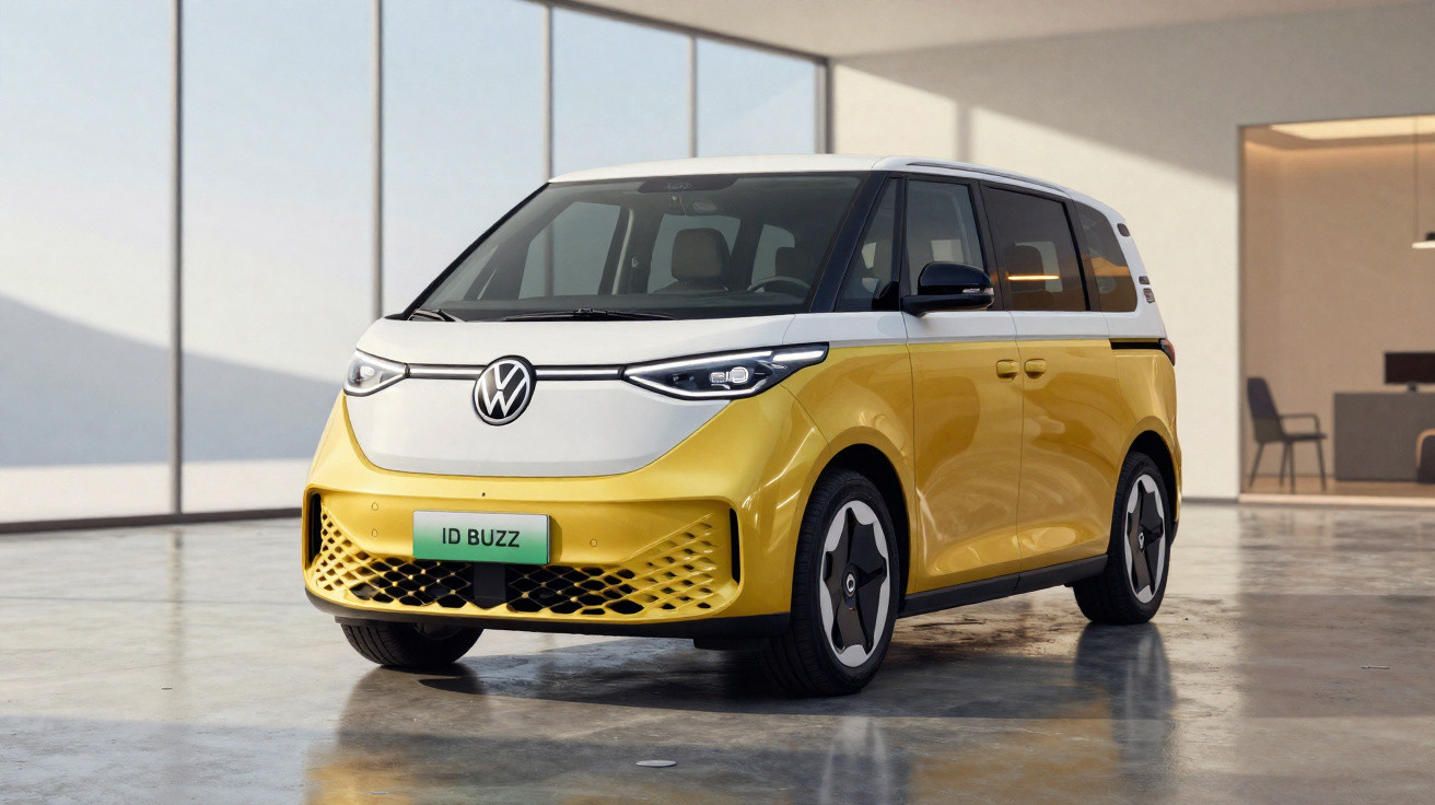 Yellow and white Volkswagen ID Buzz electric van parked indoors on a polished concrete floor.