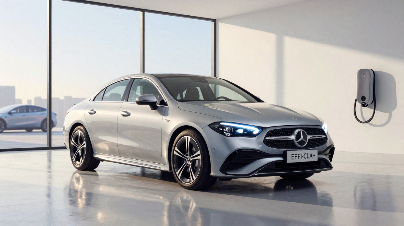 Silver Mercedes-Benz electric sedan parked indoors next to a wall-mounted charging station with headlights on.