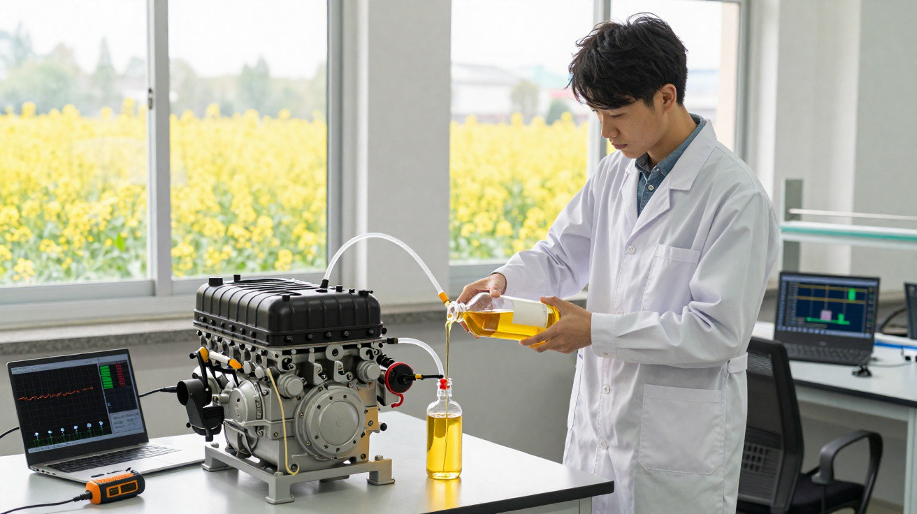 Scientist in a lab coat pouring yellow liquid into a bottle connected to an engine on a laboratory table.
