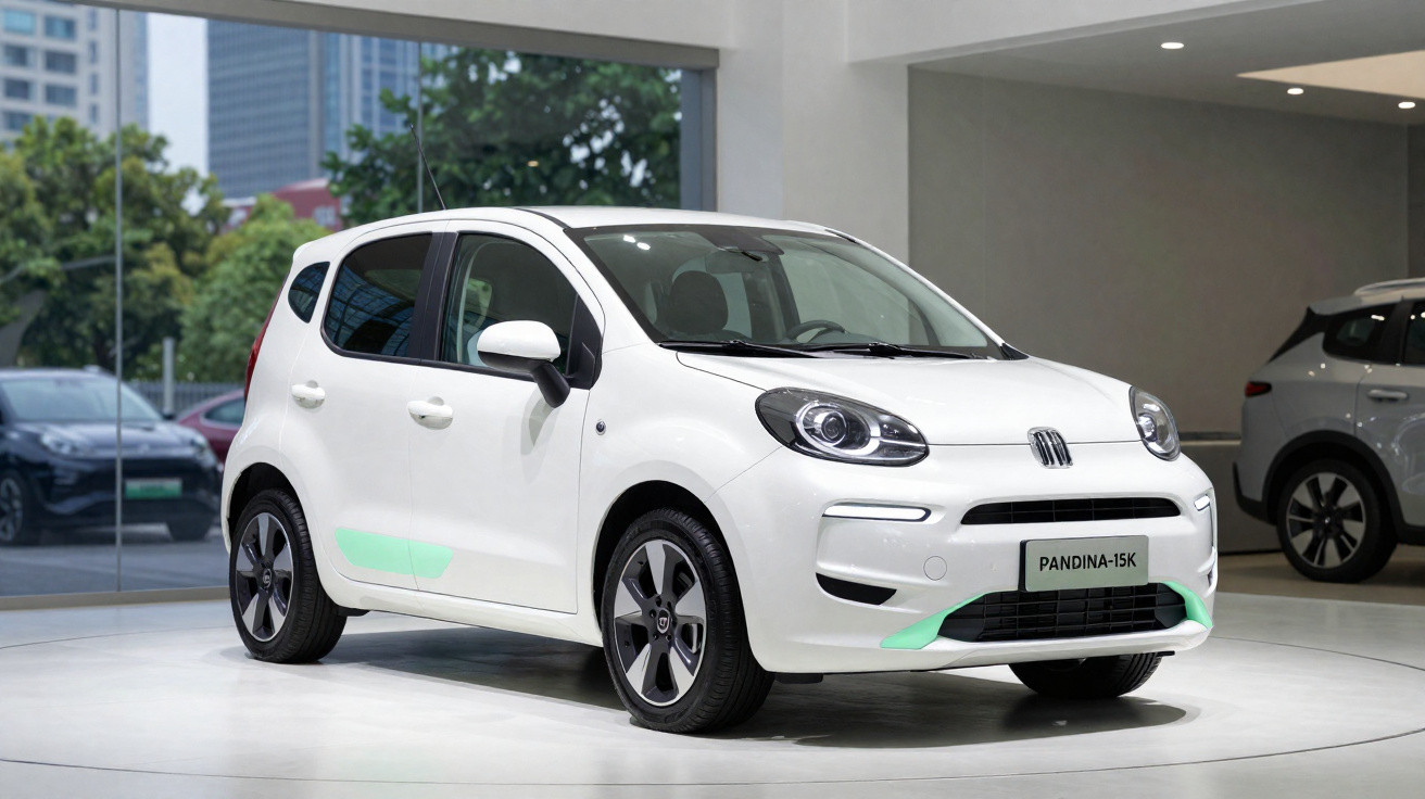 White compact five-door electric car Pandina-15K displayed indoors on a circular platform.