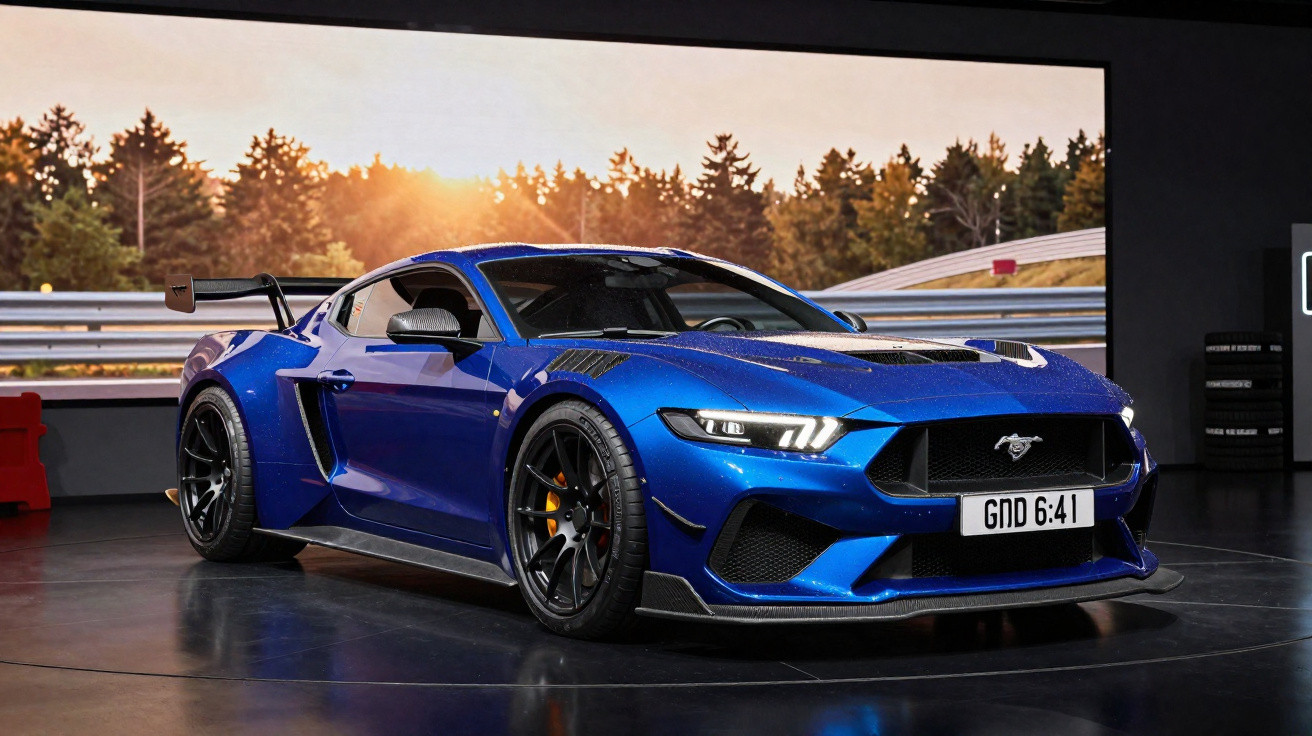 Blue Ford Mustang sports car with aerodynamic features displayed indoors against a sunset forest backdrop.