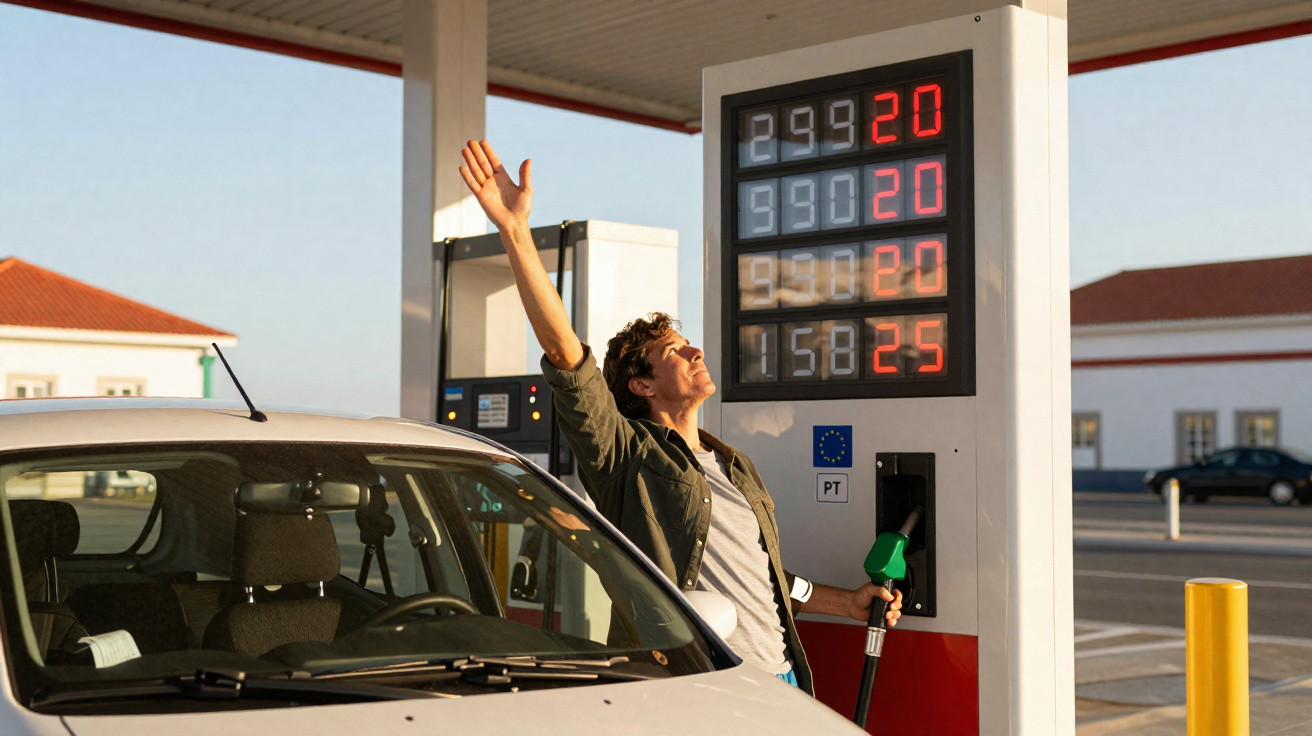 Man at petrol station raising arm in joy while holding fuel nozzle near a white car under clear sky.