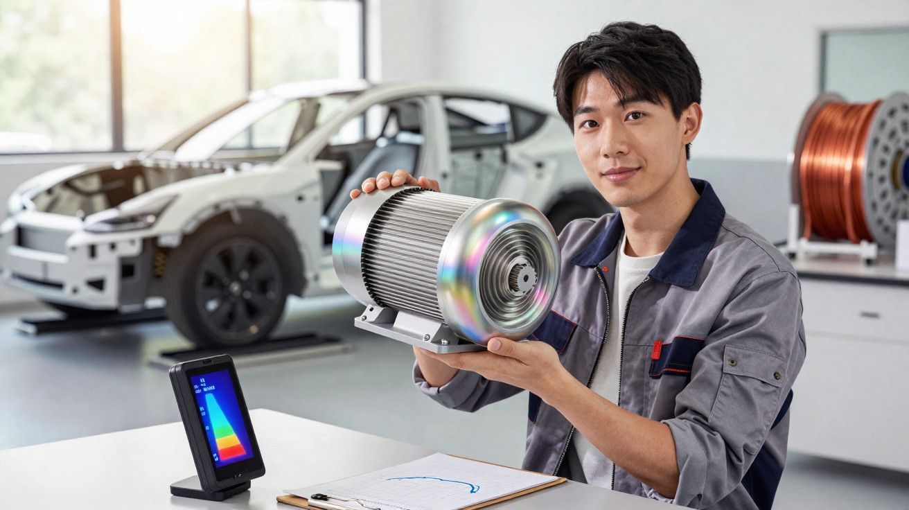 Engineer in workshop holding electric motor with electric car and monitoring device in background