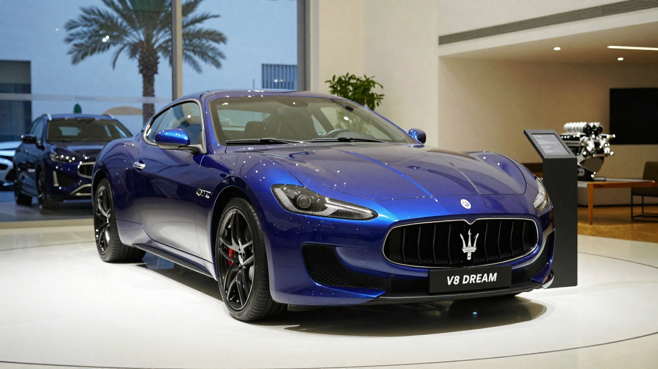 Blue Maserati sports car with V8 DREAM plate displayed indoors on a white platform.