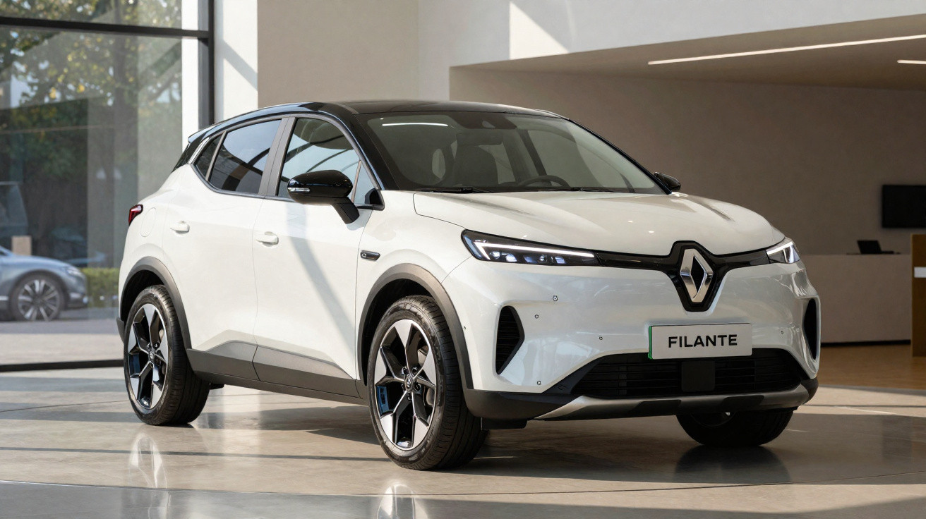White Renault Filante electric SUV parked indoors with black roof and modern LED headlights