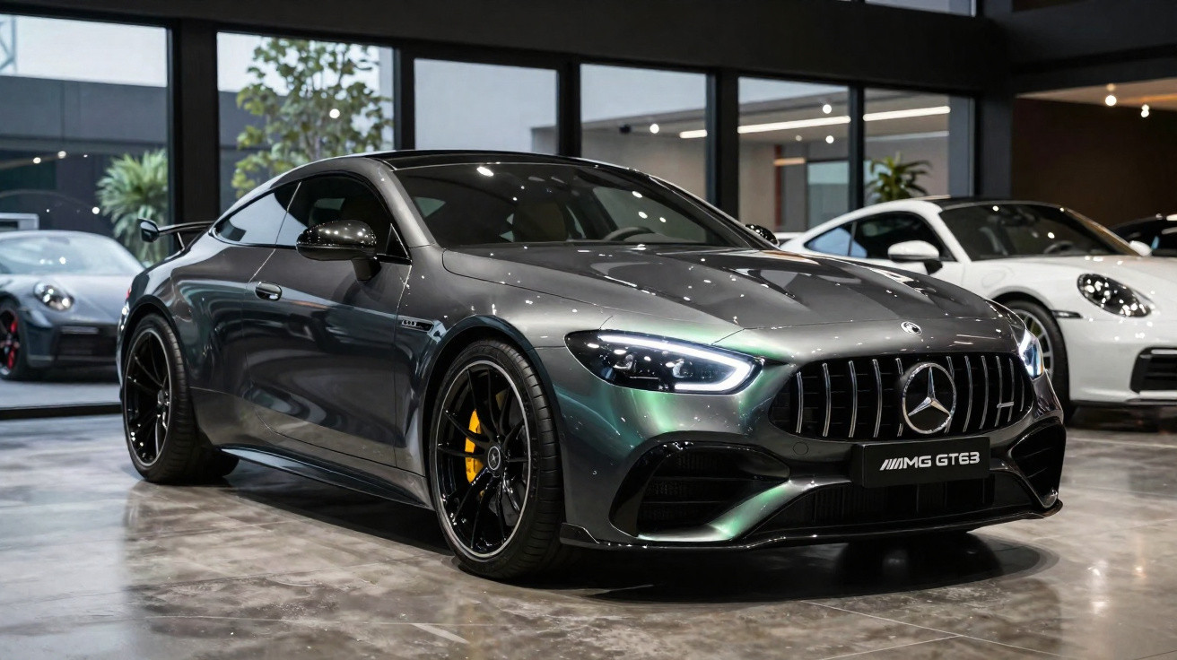 Metallic grey Mercedes AMG GT63 sports car displayed indoors with black rims and yellow brake calipers.