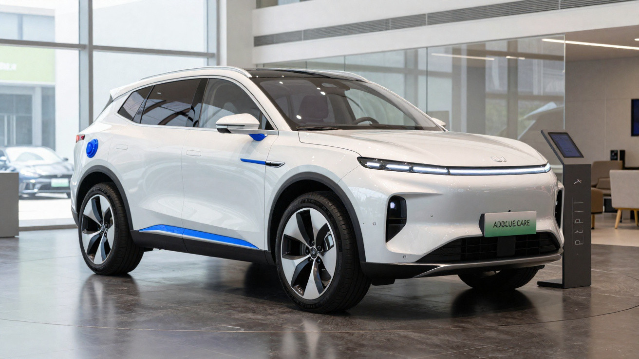 White electric SUV with blue accents displayed indoors on a polished floor near a charging station.