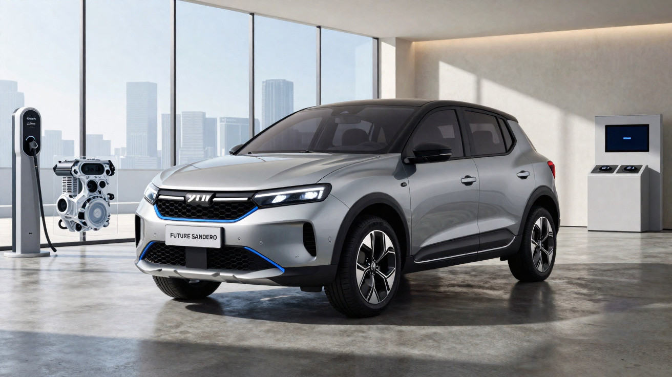 Silver electric SUV Future Sandero parked indoors near a charging station and engine display.