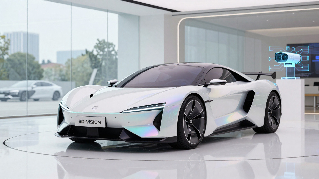 Sleek white sports car with aerodynamic design displayed in a modern, glass-walled showroom.