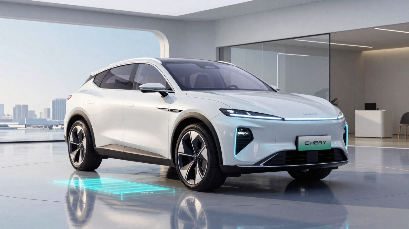 White futuristic electric SUV parked in a modern, spacious showroom with cityscape in the background.