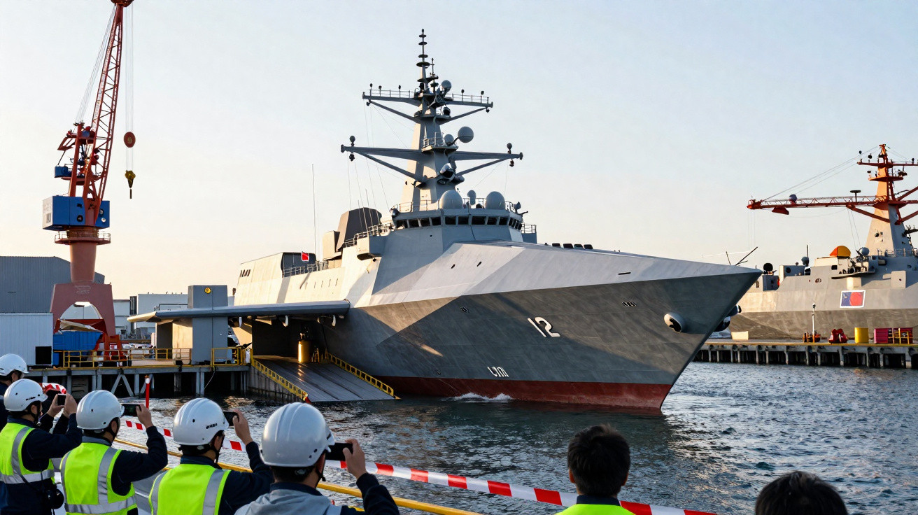 Naval warship docked at a port with crew members in safety gear observing and taking photos.