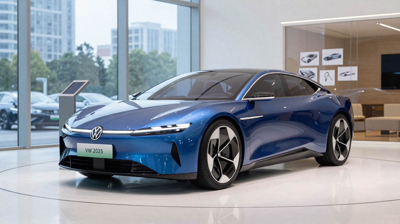 Blue Volkswagen electric concept car VW 2025 displayed in a modern showroom with large windows.