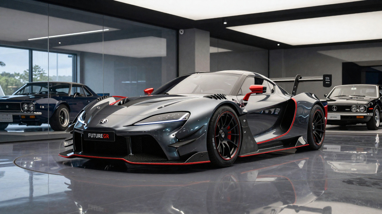 Sleek black Toyota GR Supra race car with red accents parked in a modern showroom with two classic cars behind.