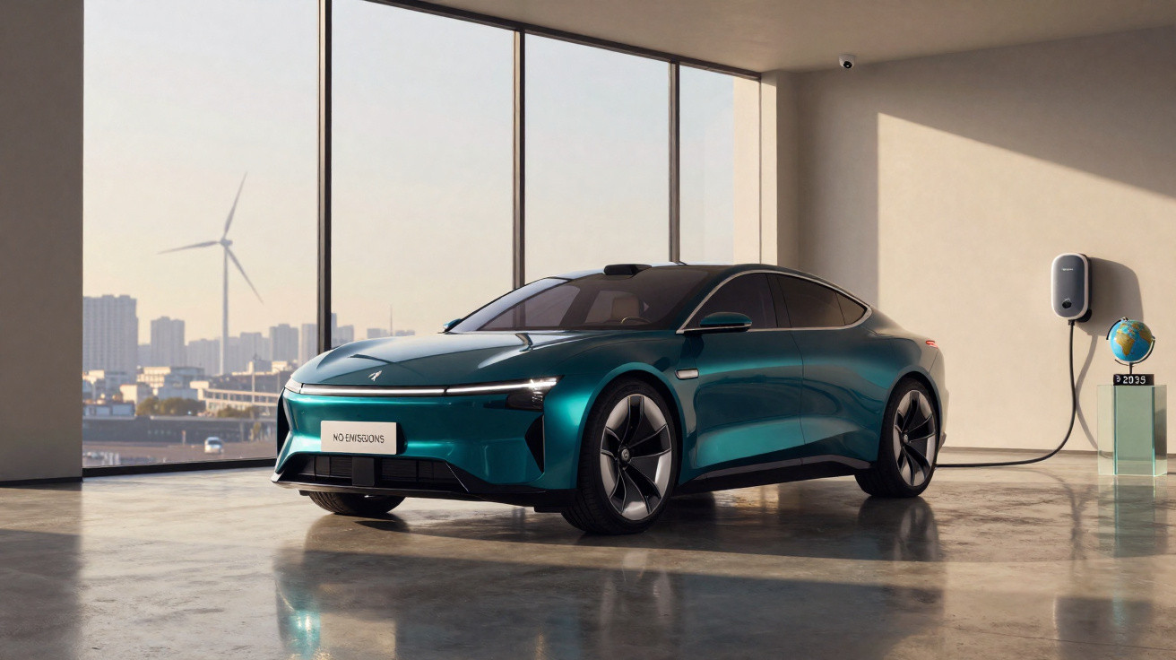 Sleek teal electric car parked indoors next to a wall-mounted charger with a cityscape and wind turbine outside.