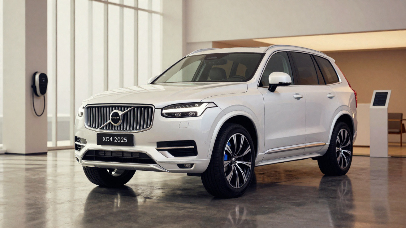 White Volvo XC40 2025 electric SUV displayed indoors near a charging station and modern reception area.