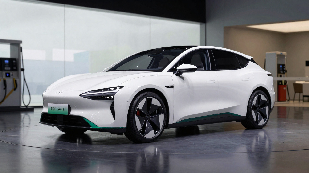 White eco-friendly electric hatchback car inside a modern showroom with charging stations in the background.