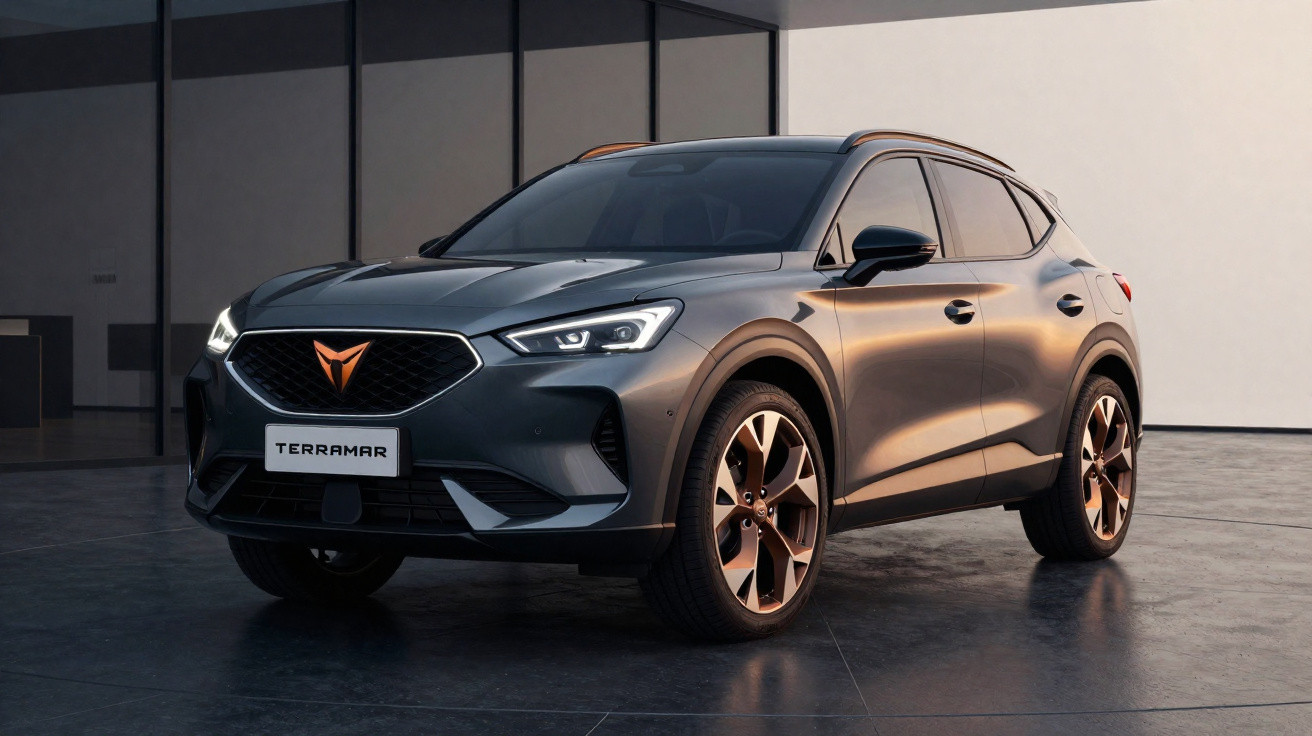 Grey Cupra Terramar SUV parked indoors with bronze-accented wheels and modern LED headlights.