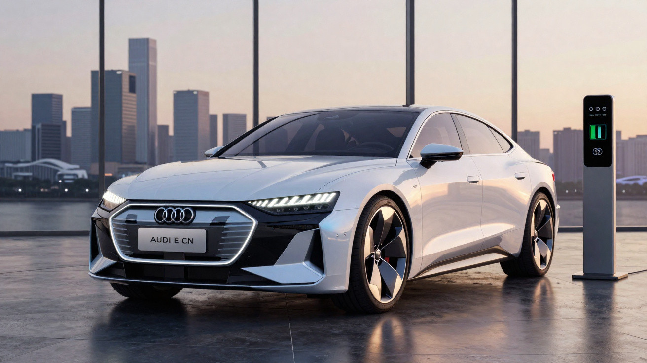Silver Audi e-tron GT electric car charging next to a city skyline at dusk indoors.