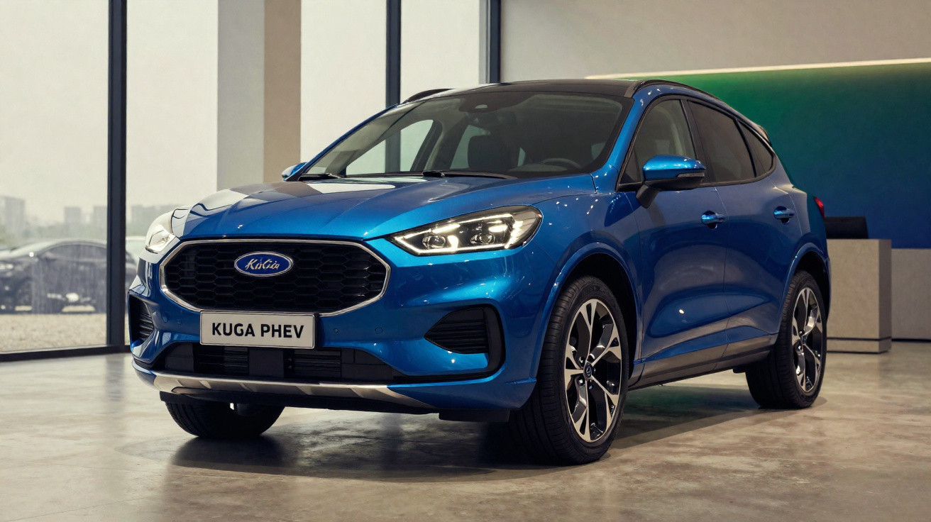 Blue Ford Kuga PHEV SUV parked indoors by large windows on a polished concrete floor.