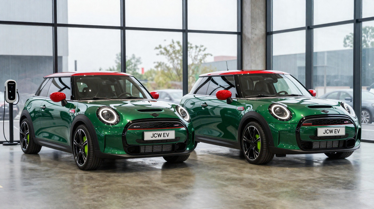 Two green Mini electric cars with red roofs and mirrors parked indoors near a charging station.