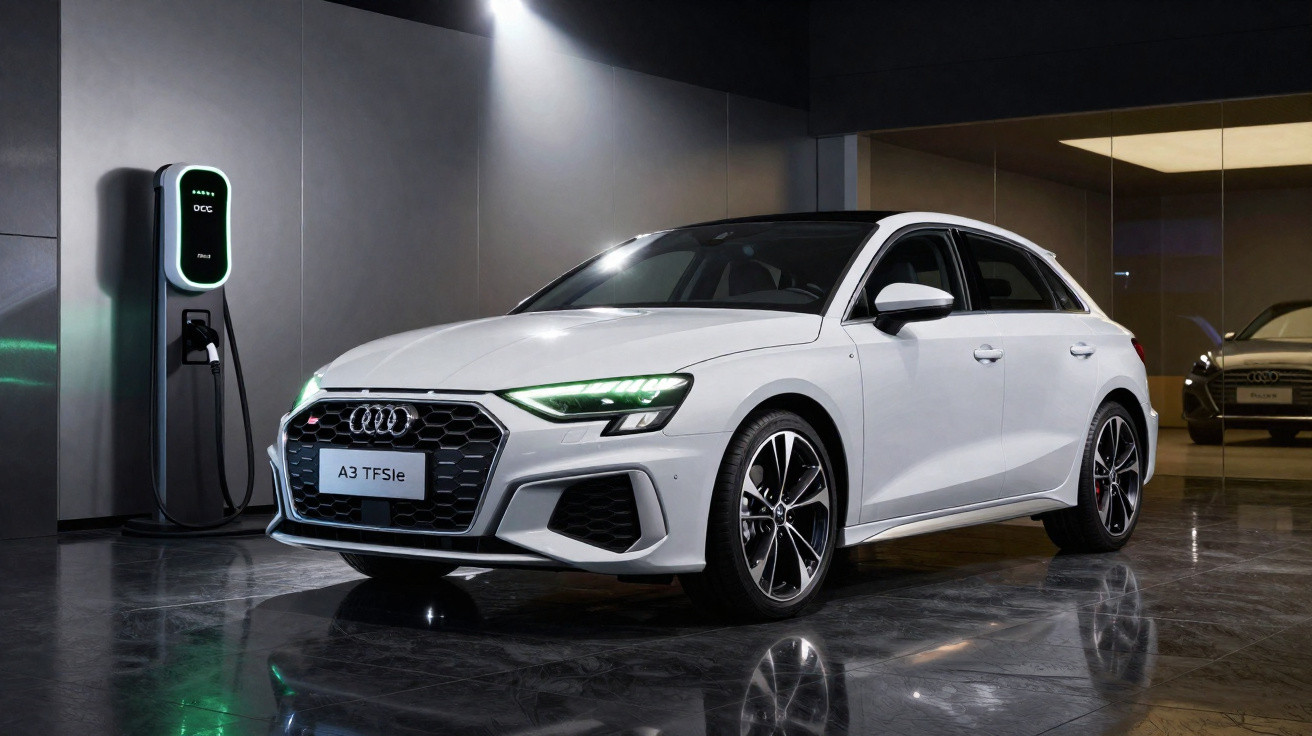 White Audi A3 TFSIe parked indoors next to an electric vehicle charging station with headlights on.